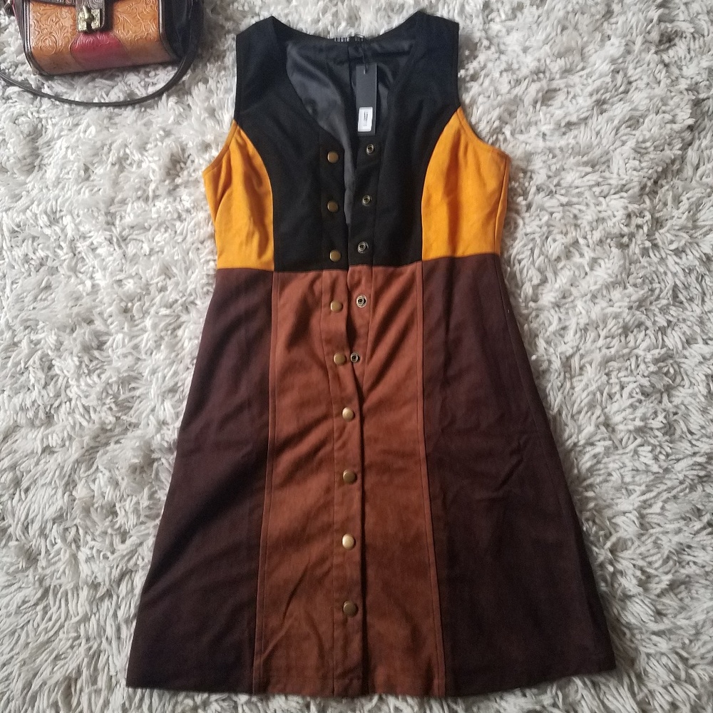 Color block, faux suede, 70's sytle mini/midi dress - Picture 2 of 7